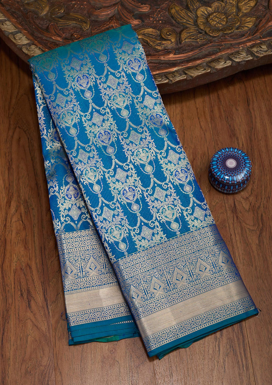 Peacock Blue Zariwork Pure Silk Saree-koskii