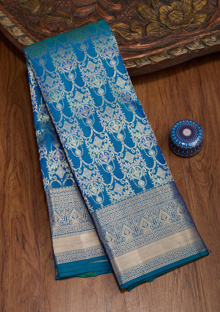 Peacock Blue Zariwork Pure Silk Saree-koskii