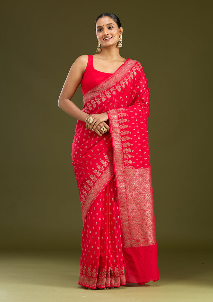 Magenta Pink Zariwork (Gold) Silk Silk Saree