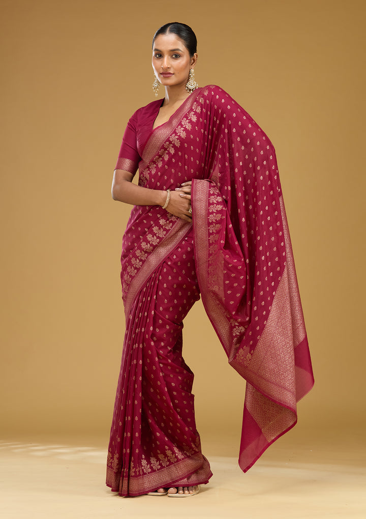 Wine Zariwork (Gold) Silk Silk Saree