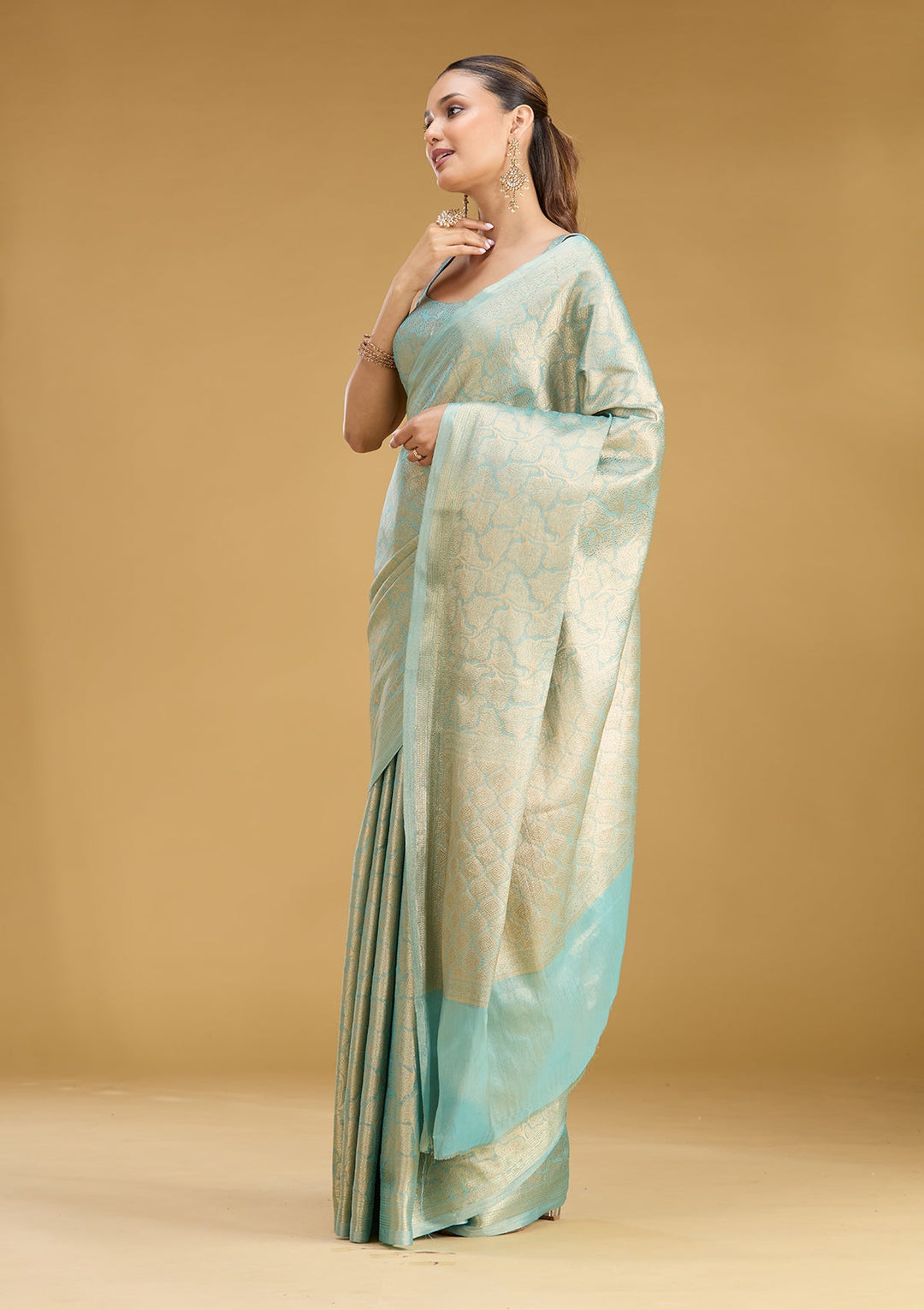 Sky Blue Zariwork (Gold) Tissue Silk Saree