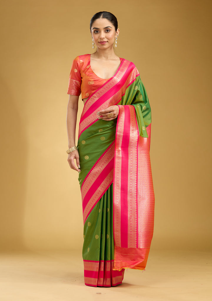 Parrot Green Zariwork (Gold) Silk Silk Saree