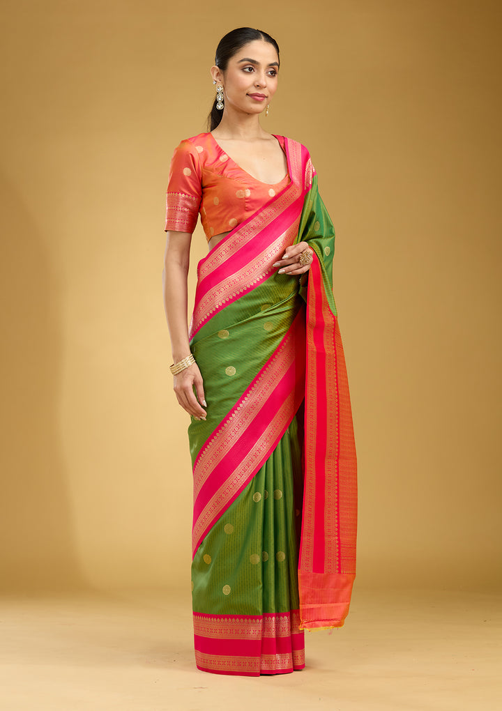 Parrot Green Zariwork (Gold) Silk Silk Saree