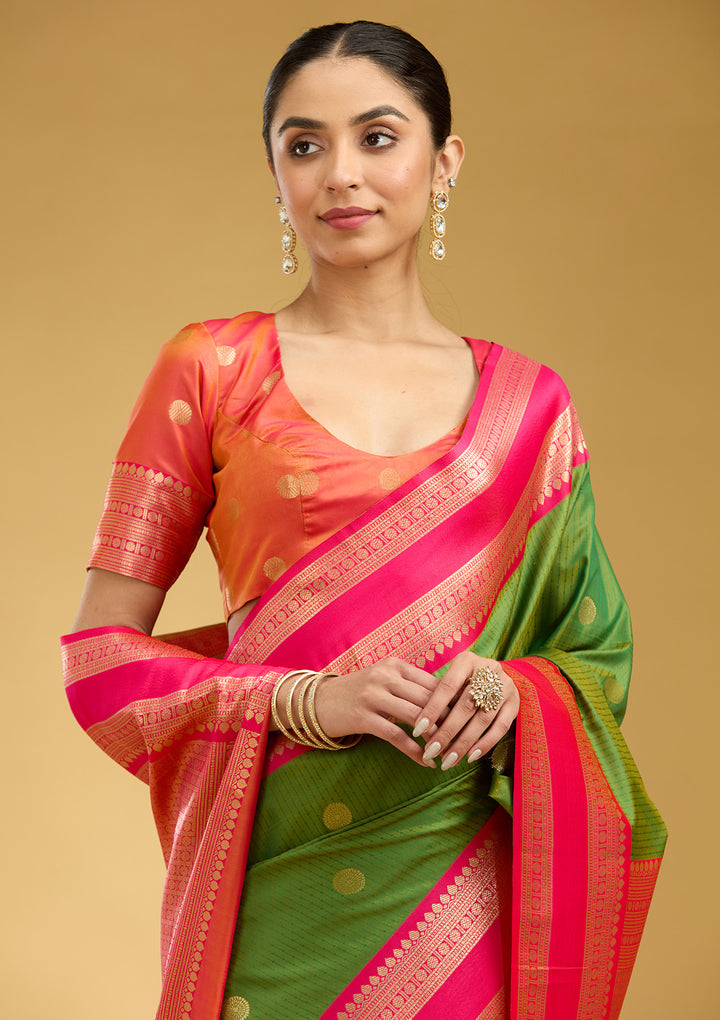 Parrot Green Zariwork (Gold) Silk Silk Saree