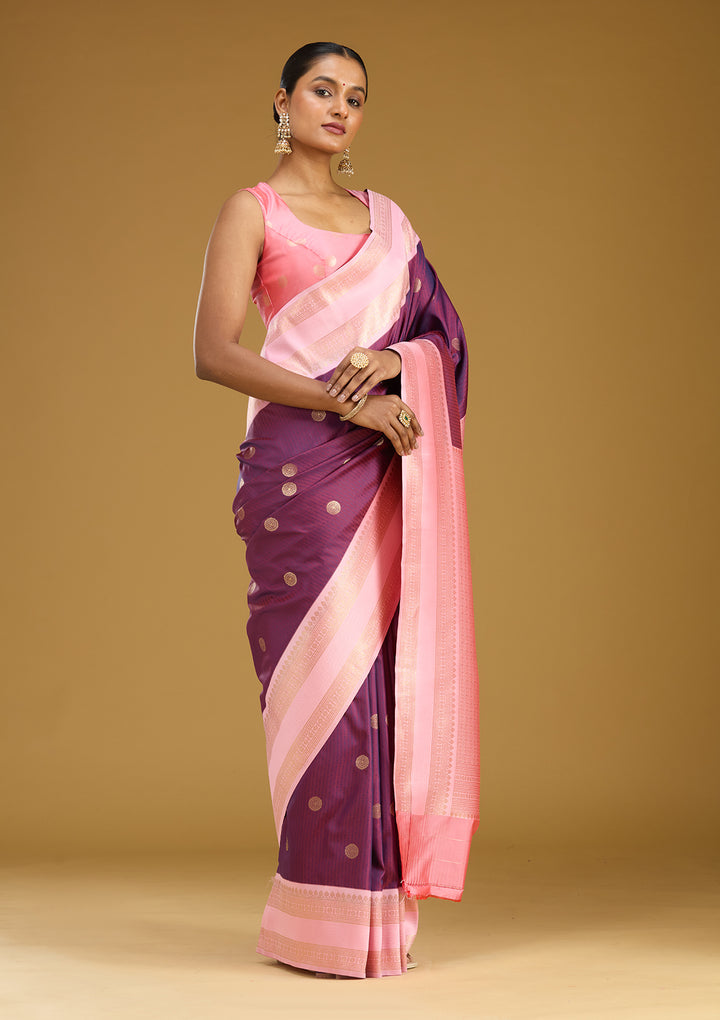 Wine Zariwork (Gold) Silk Silk Saree