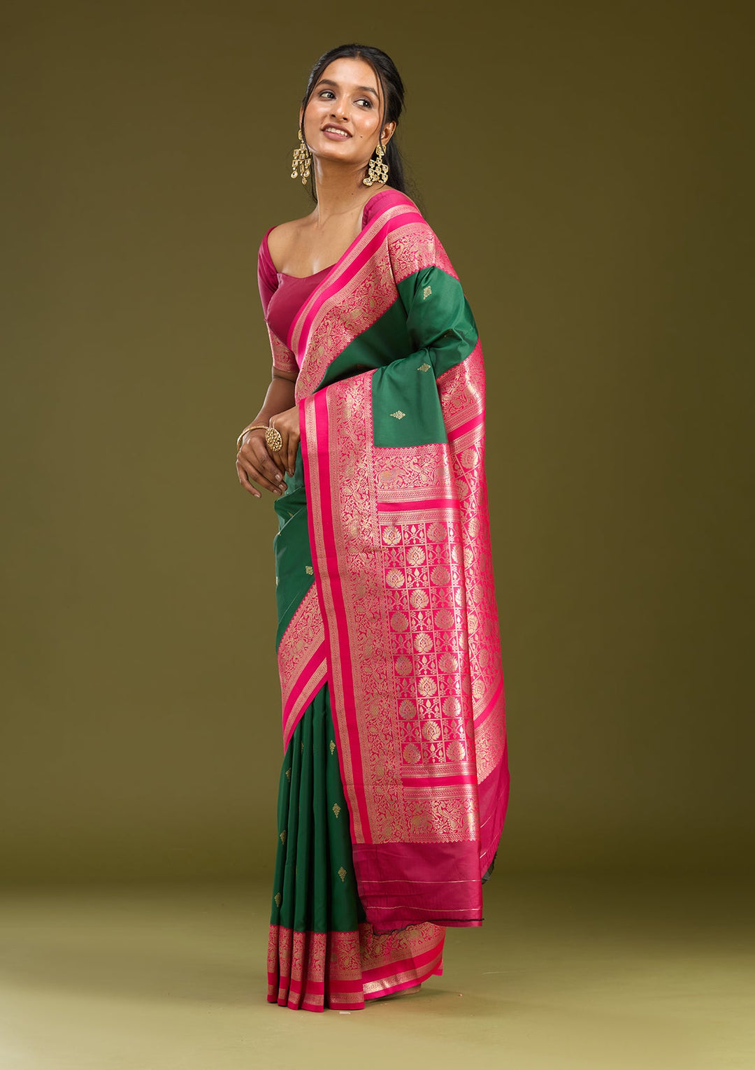 Bottle Green Zariwork (Gold) Silk Saree