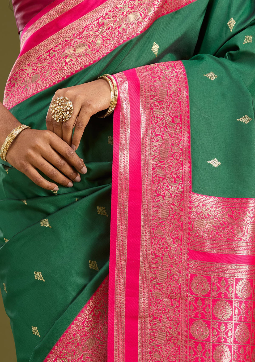 Bottle Green Zariwork (Gold) Silk Saree