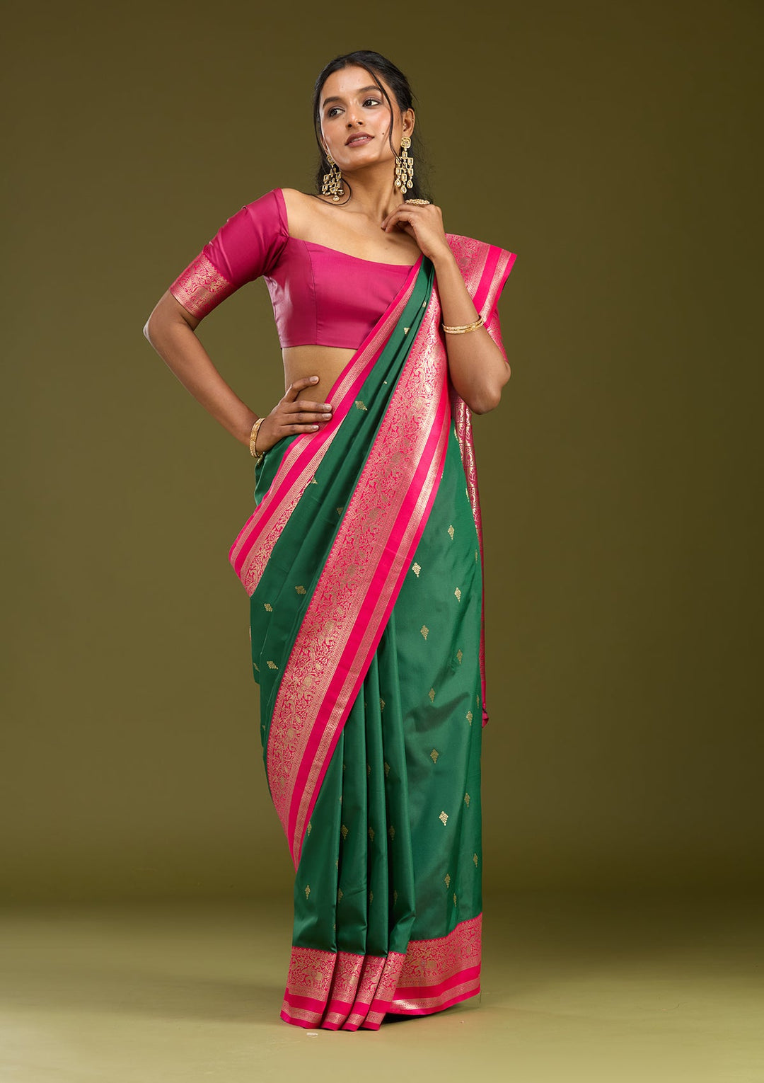 Bottle Green Zariwork (Gold) Silk Saree