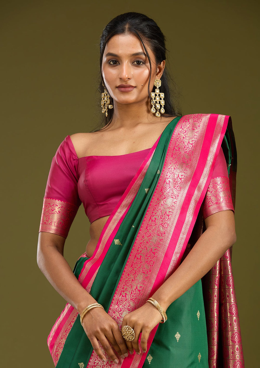 Bottle Green Zariwork (Gold) Silk Saree