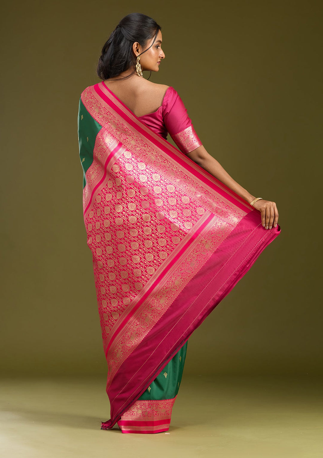 Bottle Green Zariwork (Gold) Silk Saree