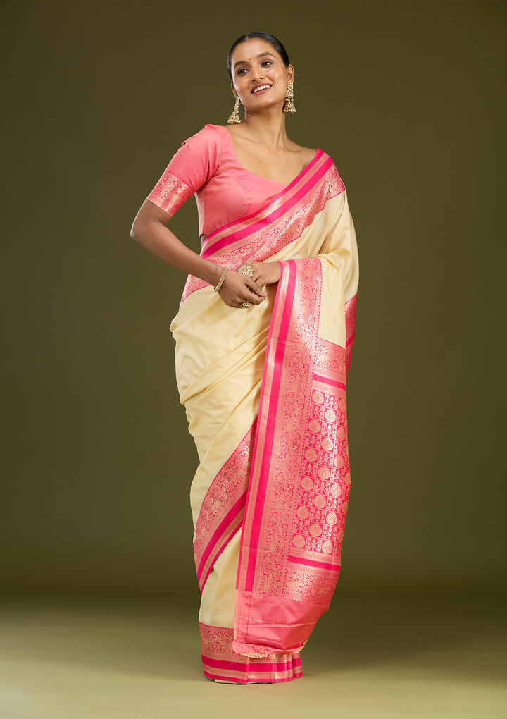 Cream Zariwork (Gold) Silk Silk Saree