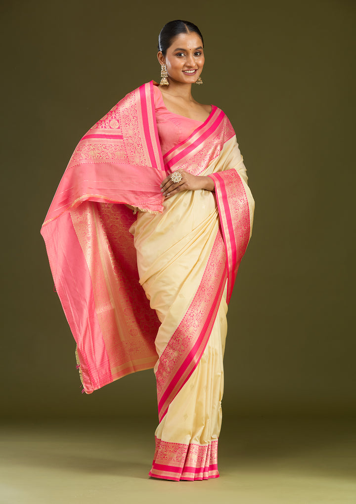 Cream Zariwork (Gold) Silk Silk Saree
