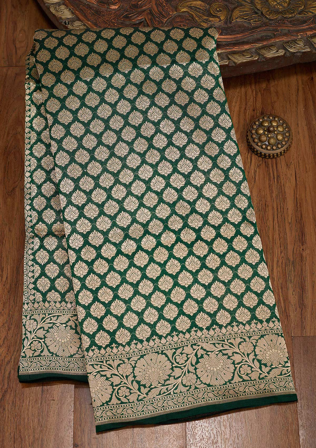 Bottle Green Zariwork Pure Silk Saree-koskii