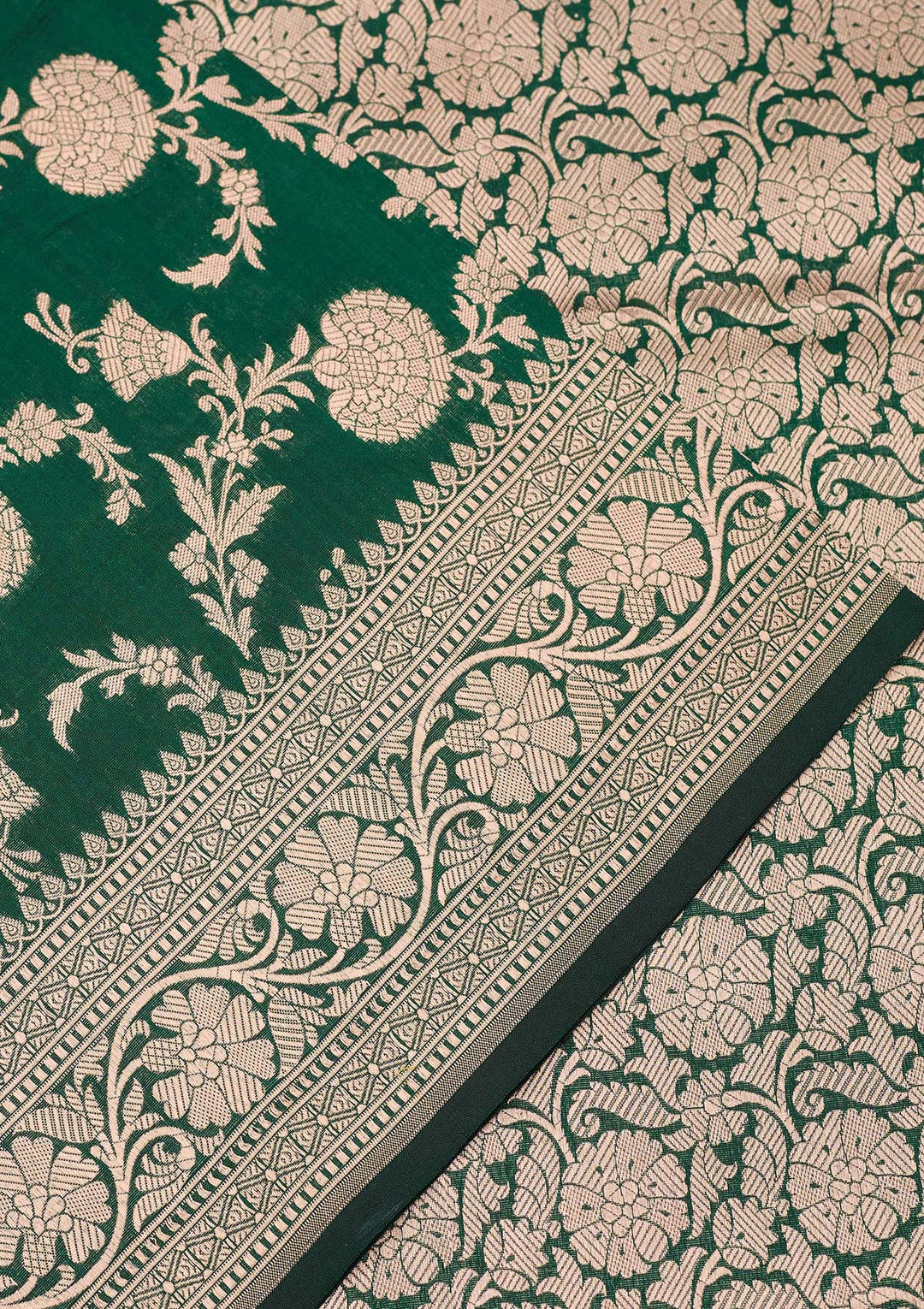 Bottle Green Zariwork Pure Silk Saree-koskii