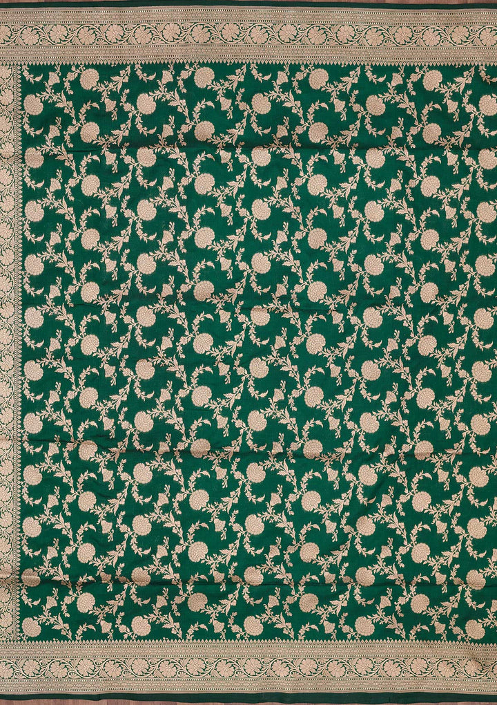 Bottle Green Zariwork Pure Silk Saree-koskii