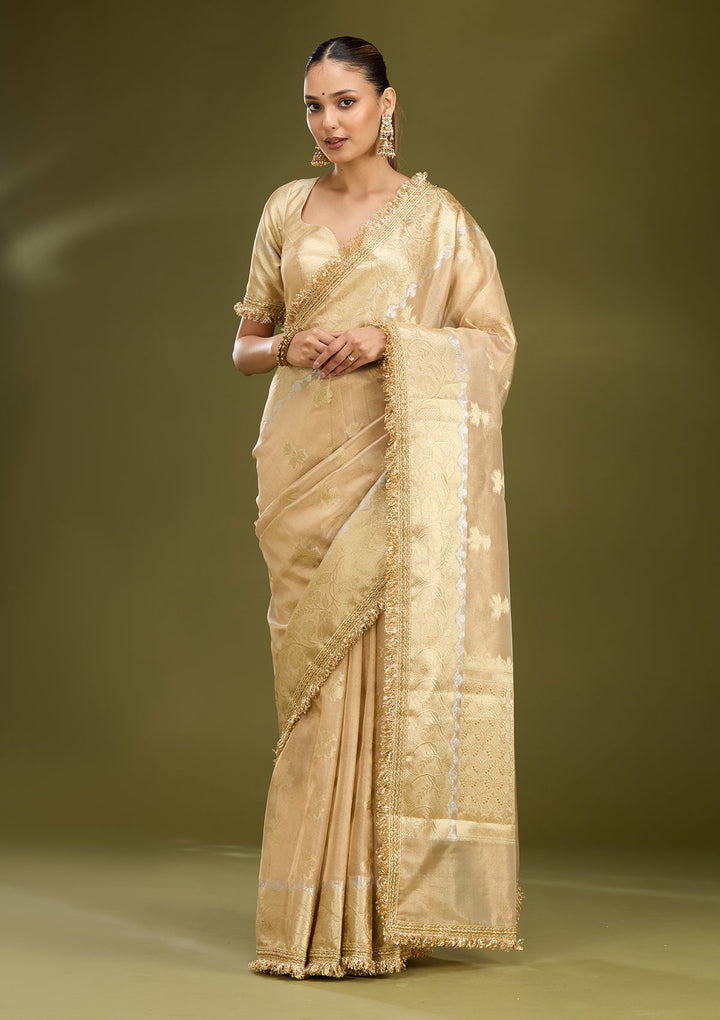 Beige Zariwork (Gold) Tissue Silk Saree