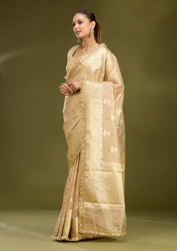 Beige Zariwork (Gold) Tissue Silk Saree