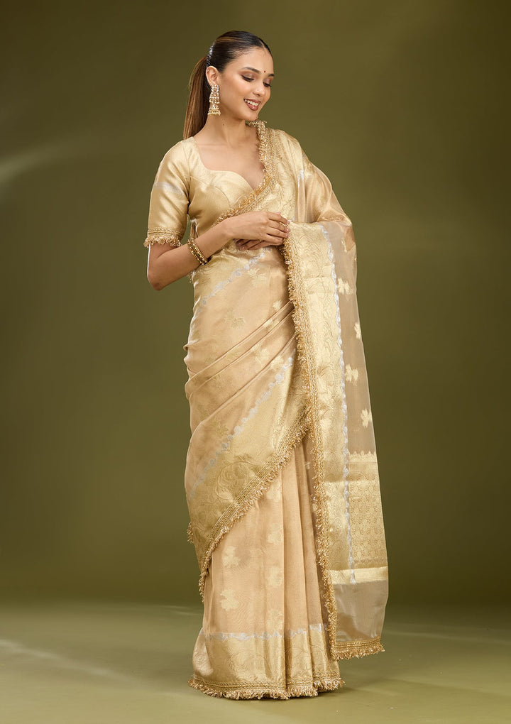 Beige Zariwork (Gold) Tissue Silk Saree