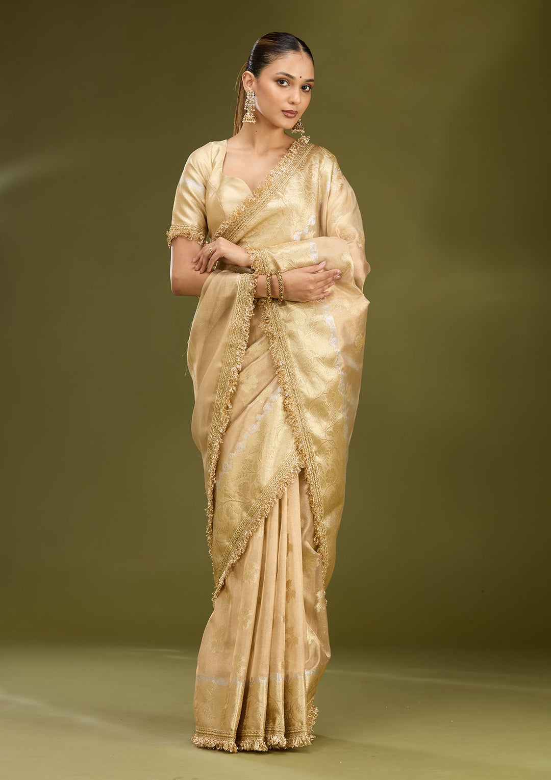 Beige Zariwork (Gold) Tissue Silk Saree