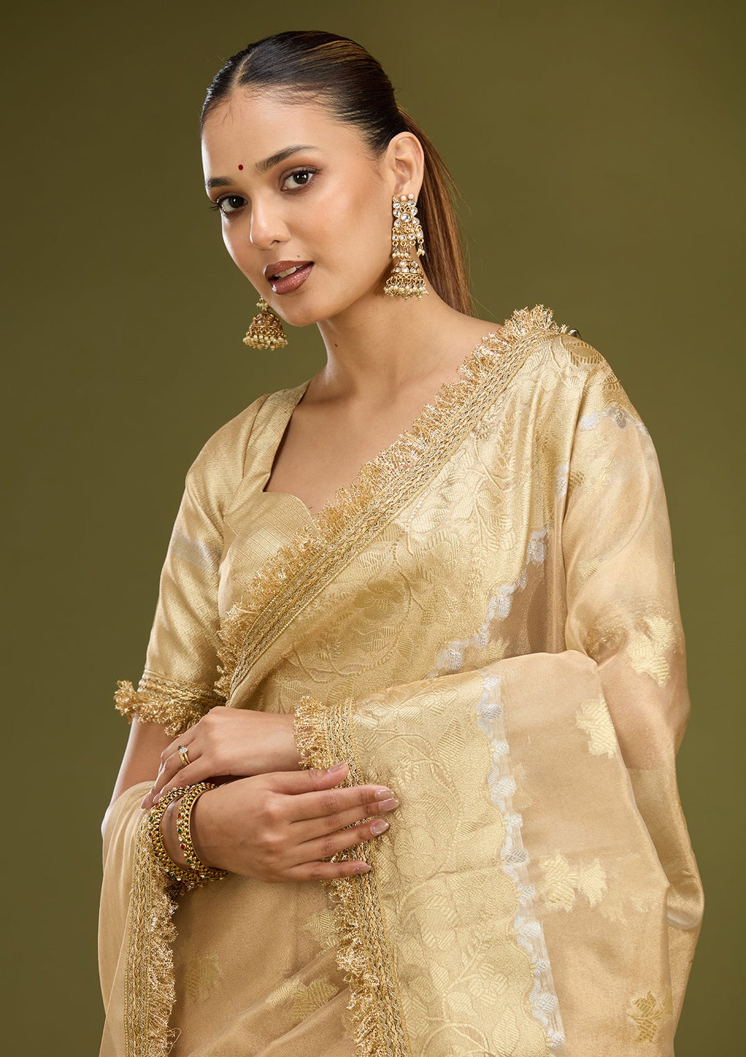 Beige Zariwork (Gold) Tissue Silk Saree