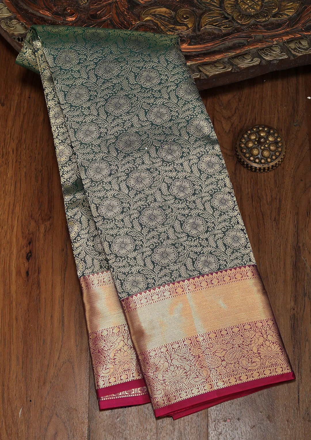 Bottle Green Zariwork Pure Silk Saree-koskii