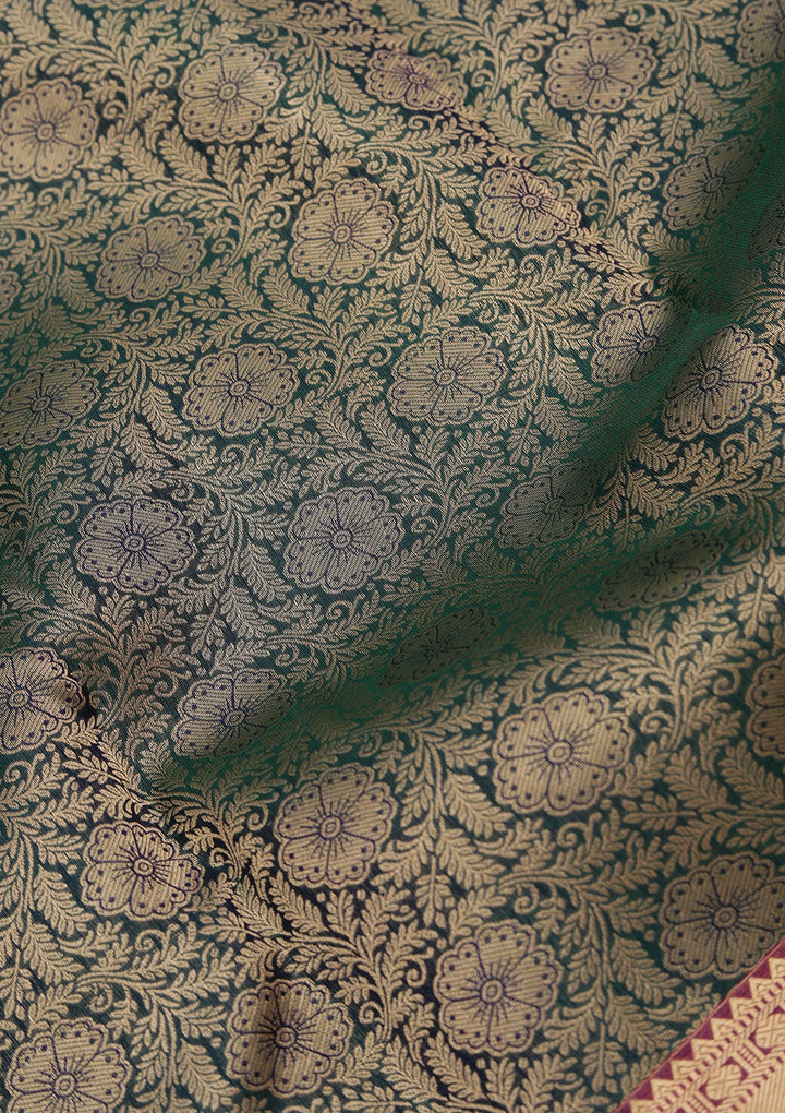 Bottle Green Zariwork Pure Silk Saree-koskii