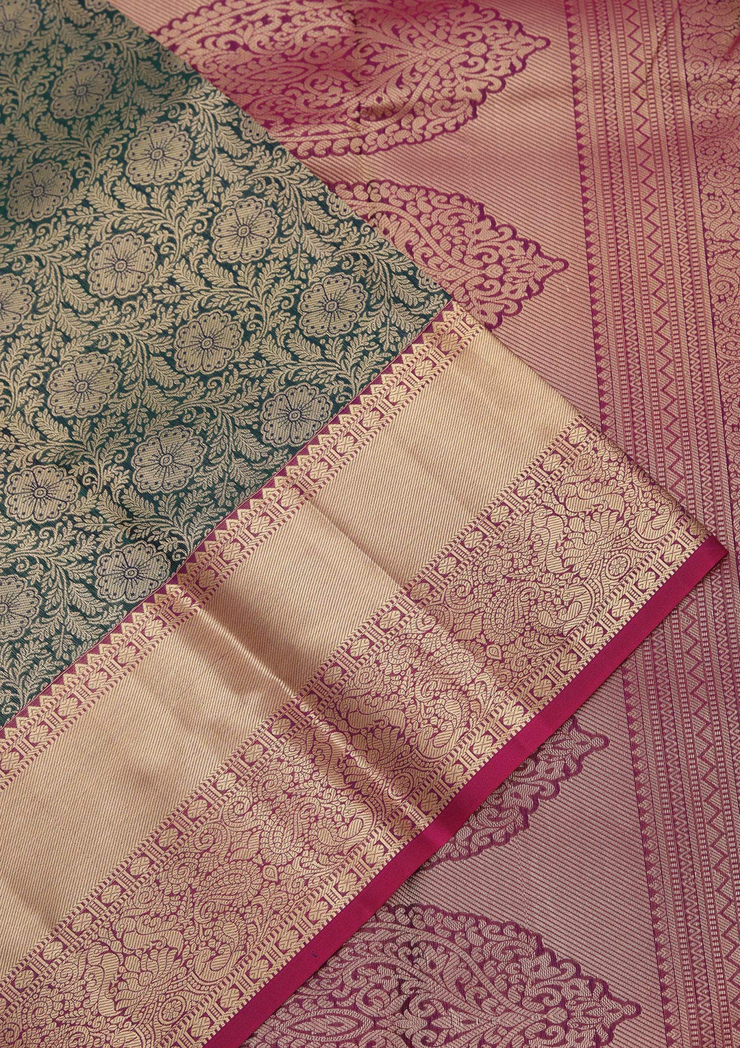 Bottle Green Zariwork Pure Silk Saree-koskii