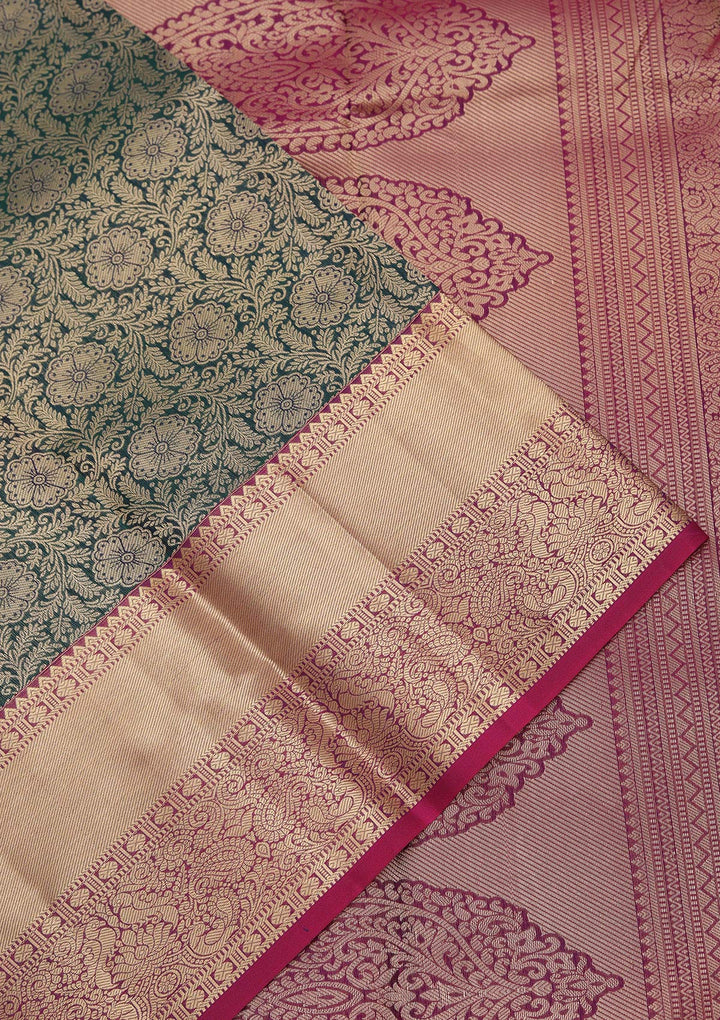 Bottle Green Zariwork Pure Silk Saree-koskii