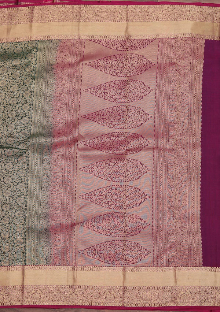 Bottle Green Zariwork Pure Silk Saree-koskii