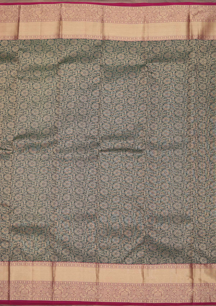 Bottle Green Zariwork Pure Silk Saree-koskii