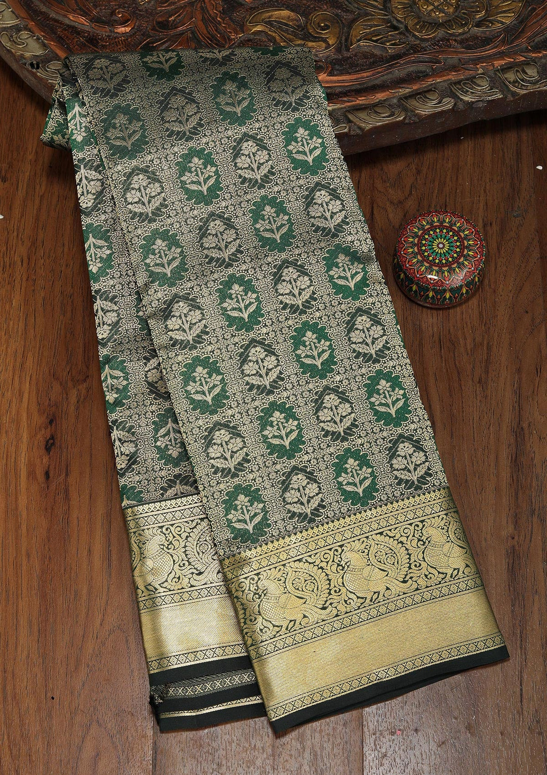 Bottle Green Zariwork Pure Silk Saree-koskii