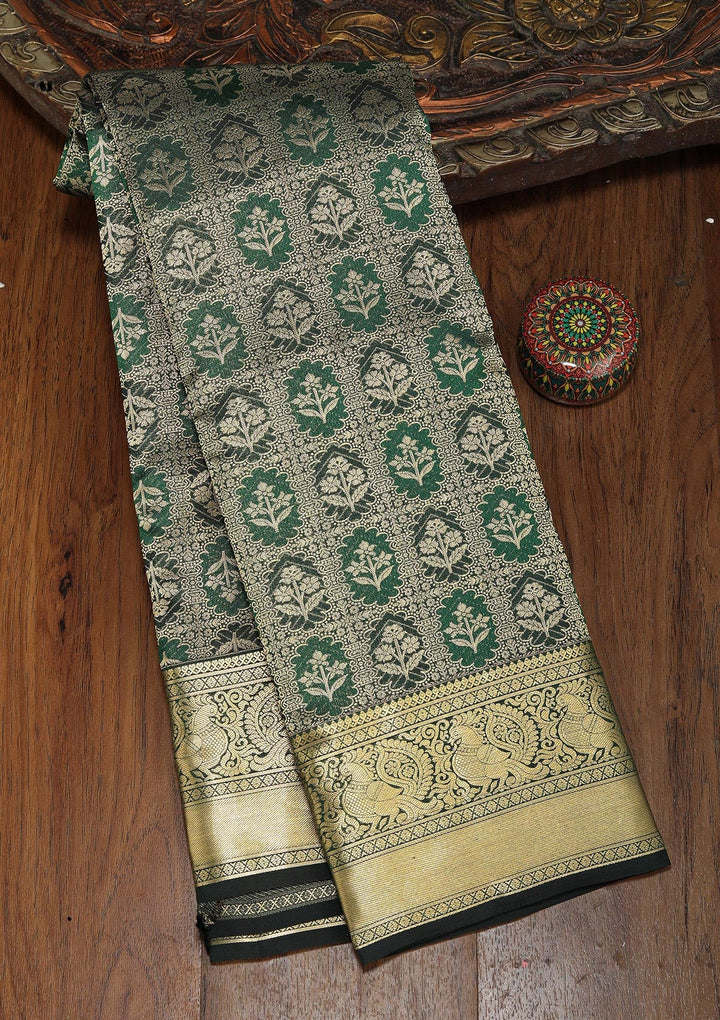 Bottle Green Zariwork Pure Silk Saree-koskii