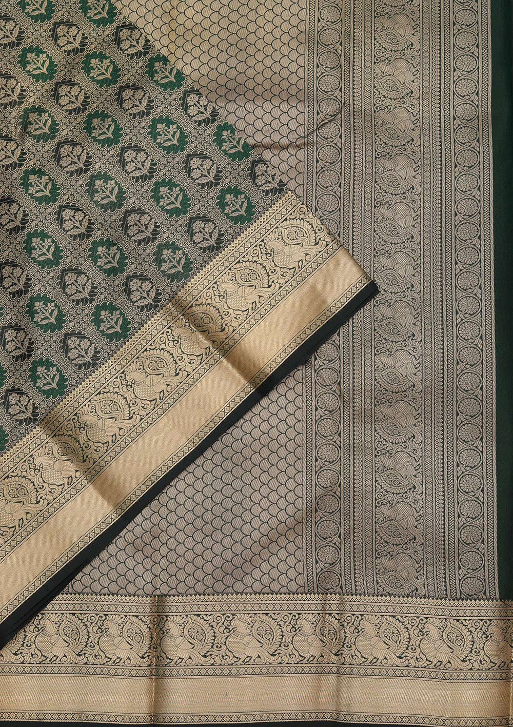 Bottle Green Zariwork Pure Silk Saree-koskii