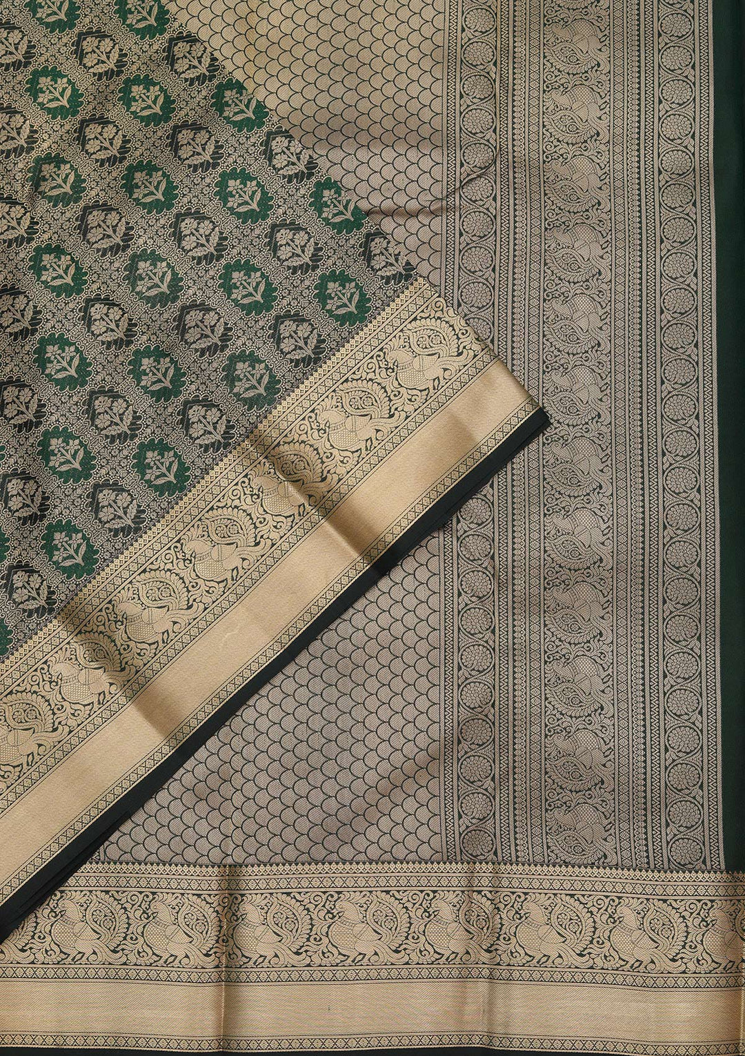 Bottle Green Zariwork Pure Silk Saree-koskii