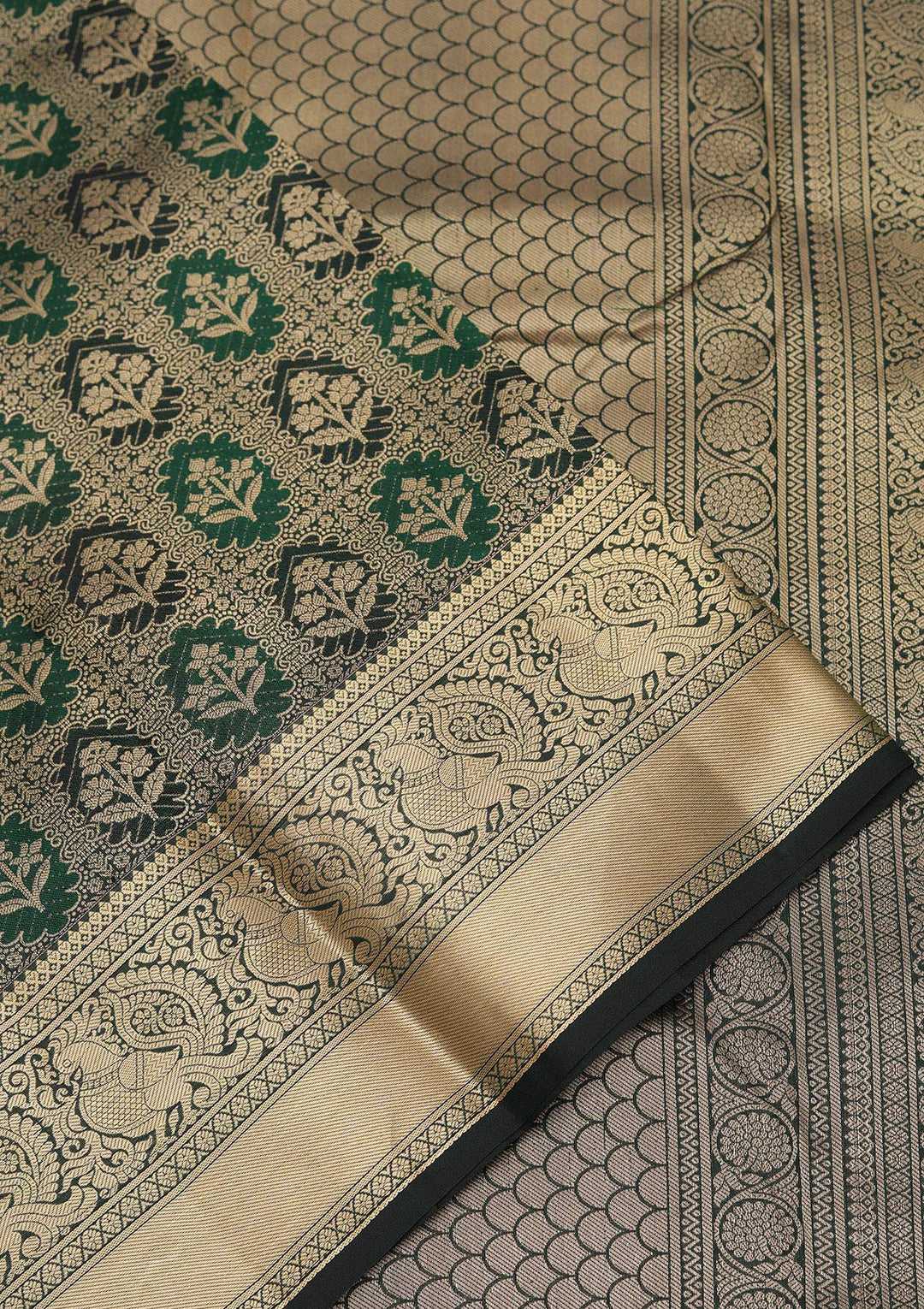 Bottle Green Zariwork Pure Silk Saree-koskii