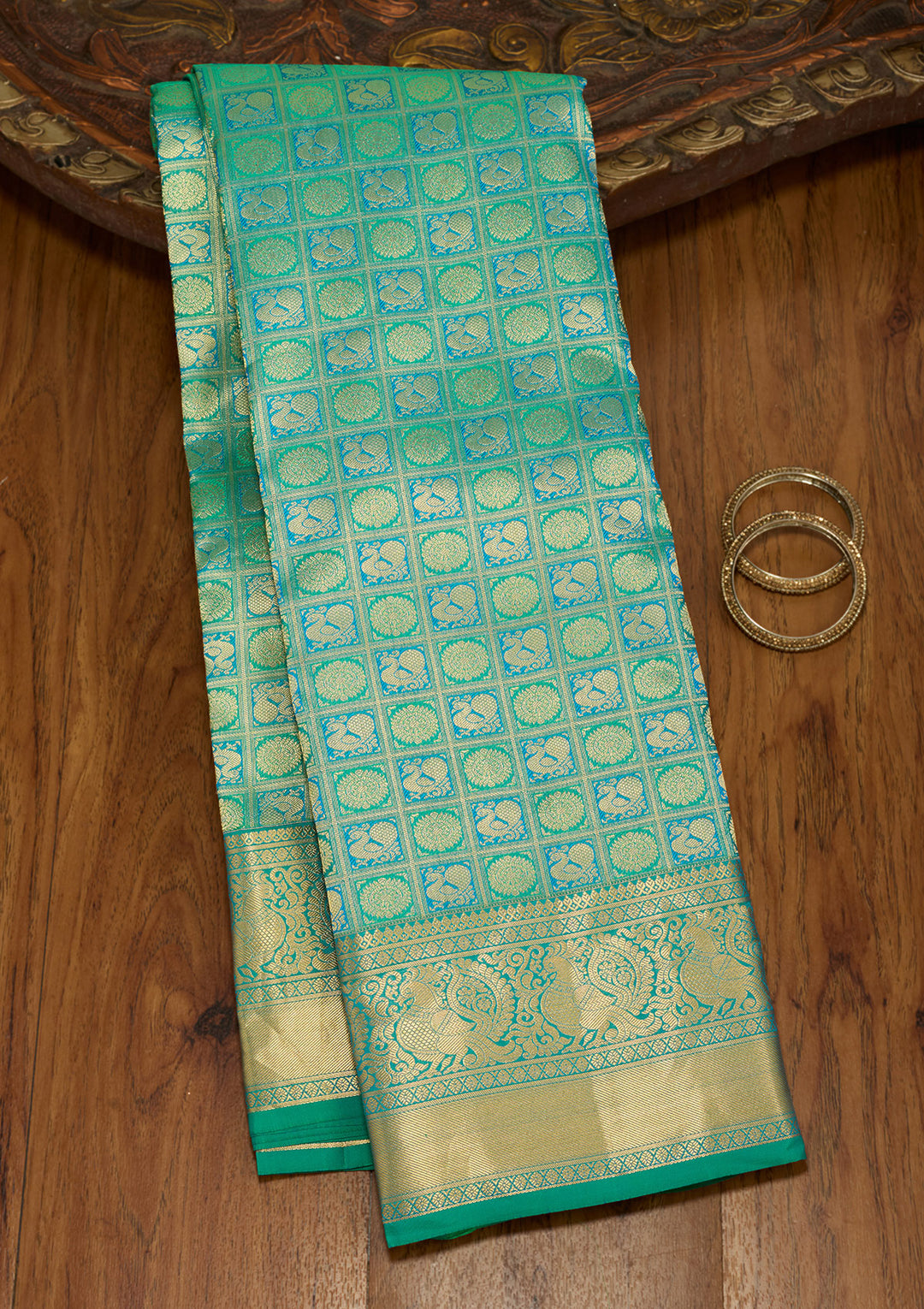 Sea Green Zariwork (Gold) Silk Silk Saree