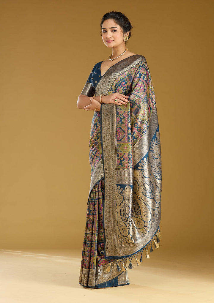 Peacock Blue Zariwork (Silver) Art Silk Silk_Saree