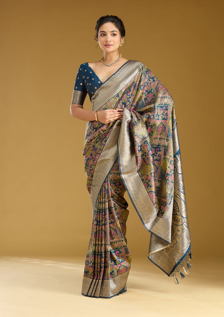 Peacock Blue Zariwork (Silver) Art Silk Silk_Saree