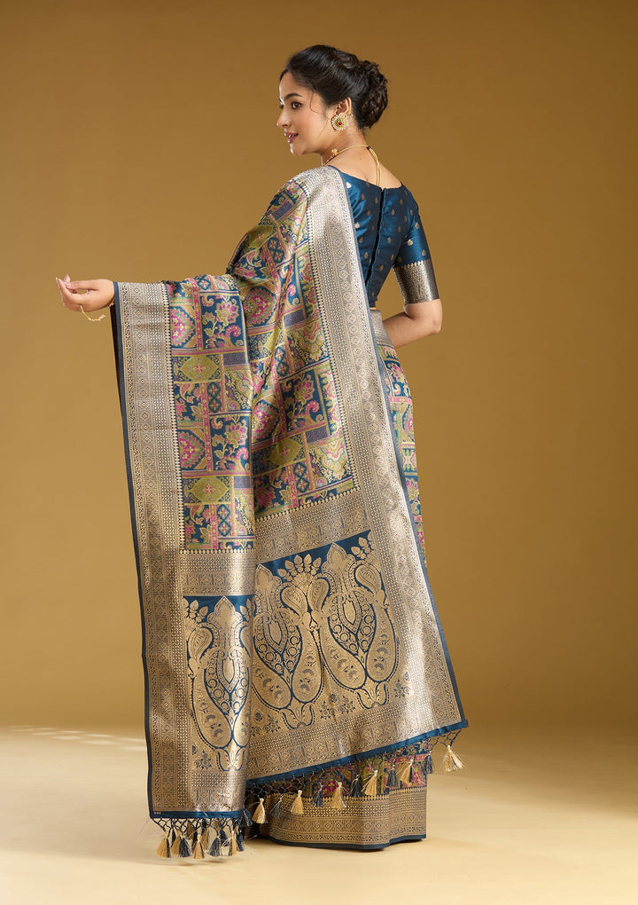 Peacock Blue Zariwork (Silver) Art Silk Silk_Saree