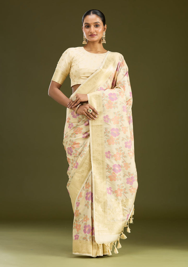 Cream Zariwork (Gold) Art Silk Silk Saree