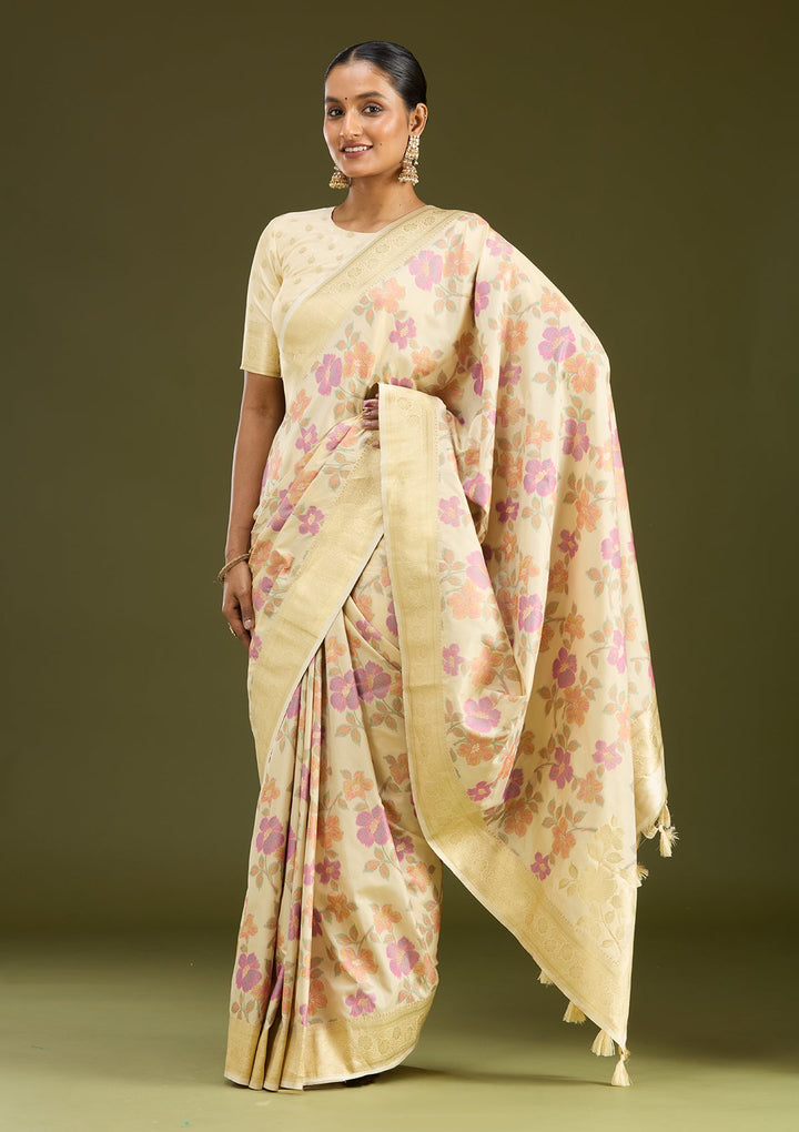 Cream Zariwork (Gold) Art Silk Silk Saree