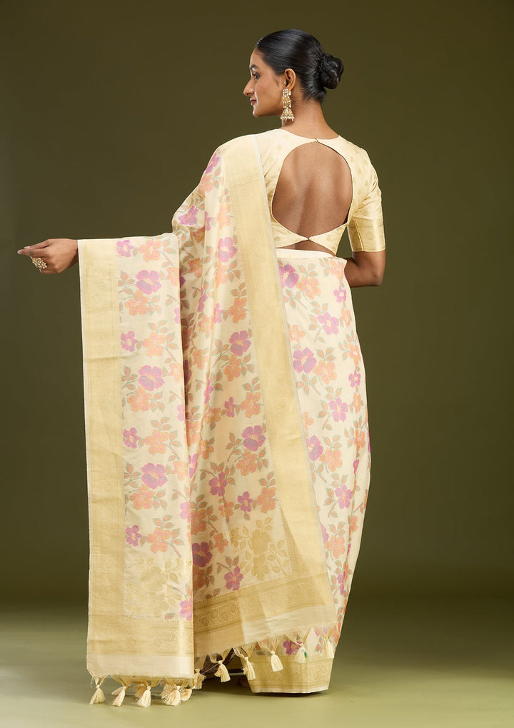 Cream Zariwork (Gold) Art Silk Silk Saree
