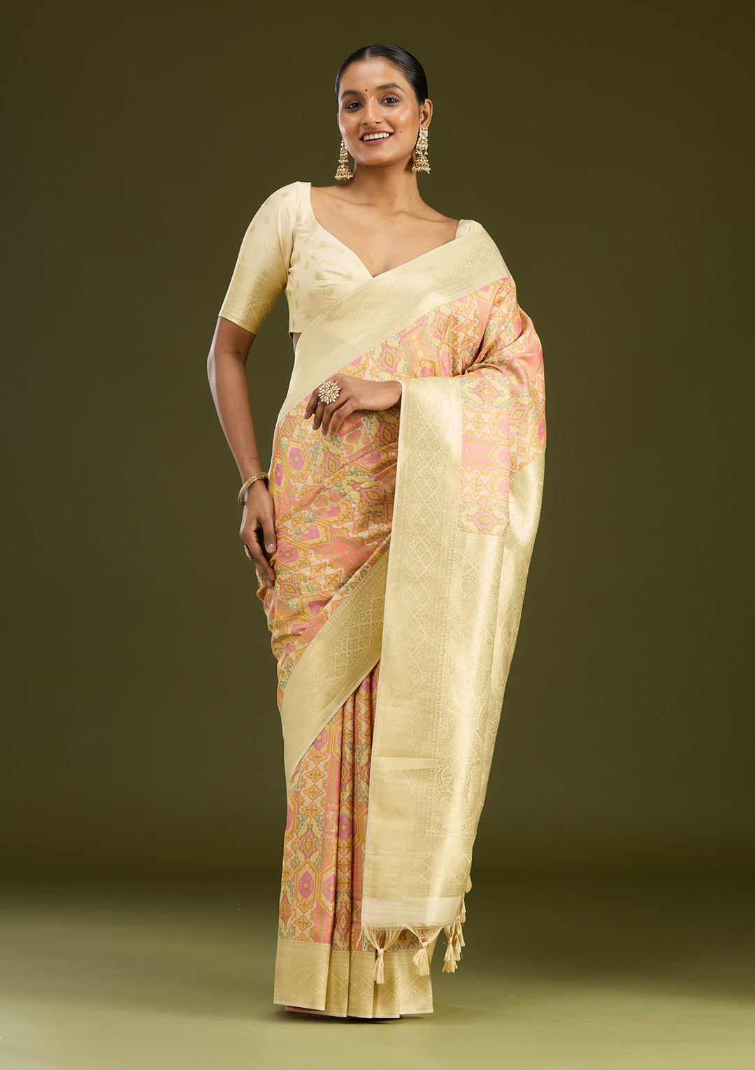 Cream Zariwork (Gold) Art Silk Silk Saree