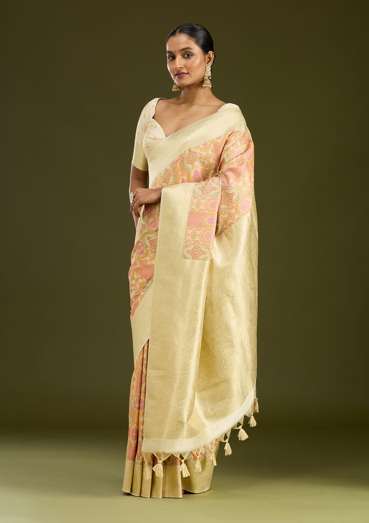 Cream Zariwork (Gold) Art Silk Silk Saree
