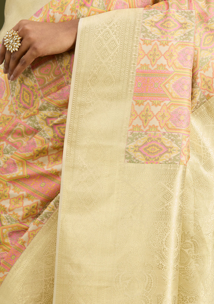 Cream Zariwork (Gold) Art Silk Silk Saree