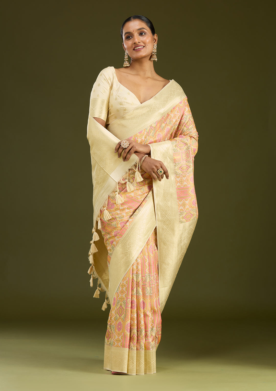 Cream Zariwork (Gold) Art Silk Silk Saree
