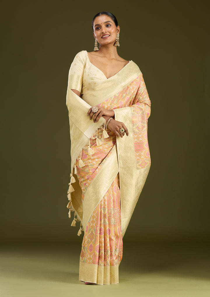 Cream Zariwork (Gold) Art Silk Silk Saree