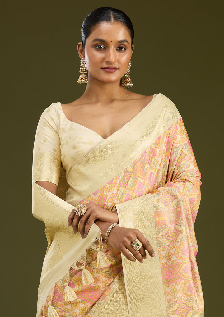 Cream Zariwork (Gold) Art Silk Silk Saree