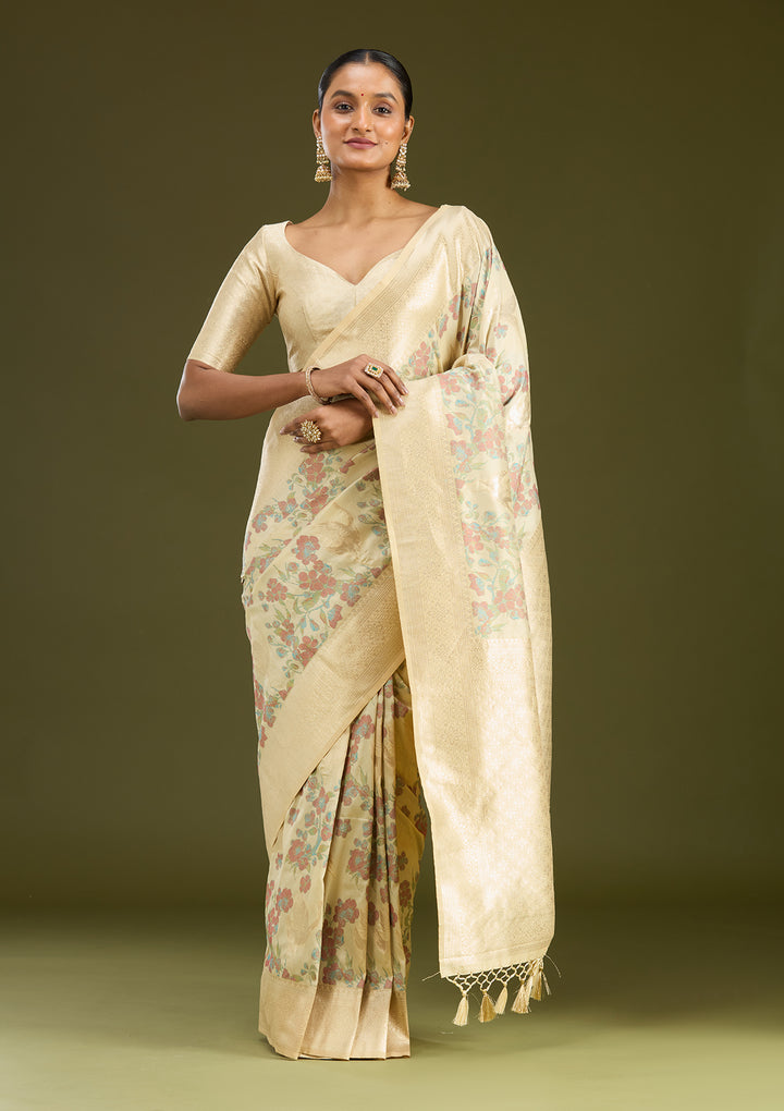 Cream Zariwork (Silver) Art Silk Silk Saree