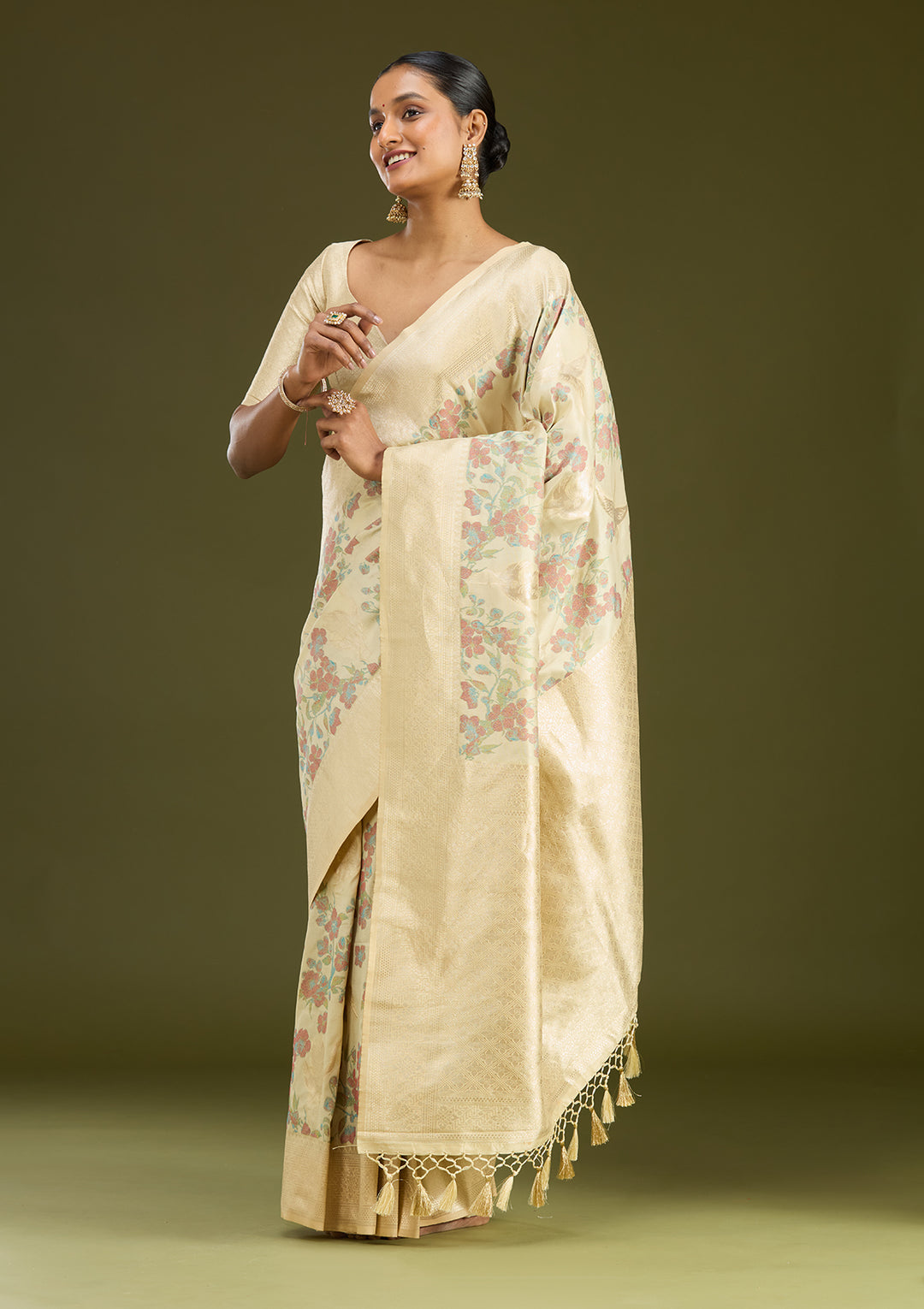 Cream Zariwork (Silver) Art Silk Silk Saree